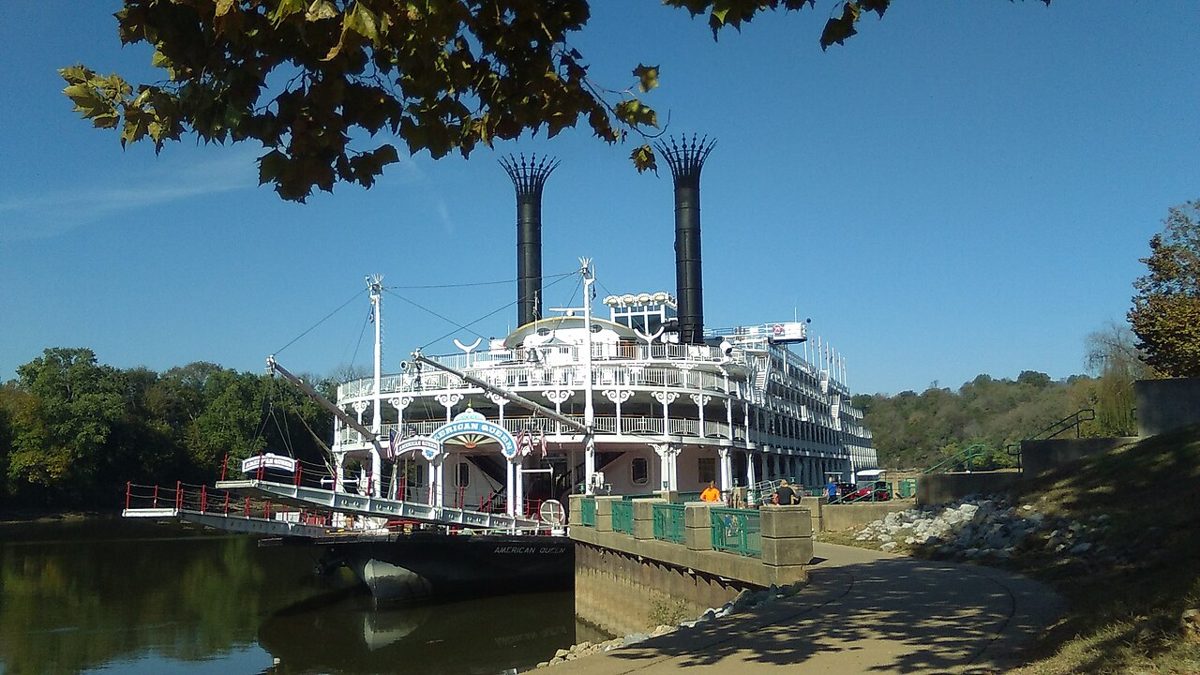 The American Queen riverboat docked along the Clarksville riverfront.