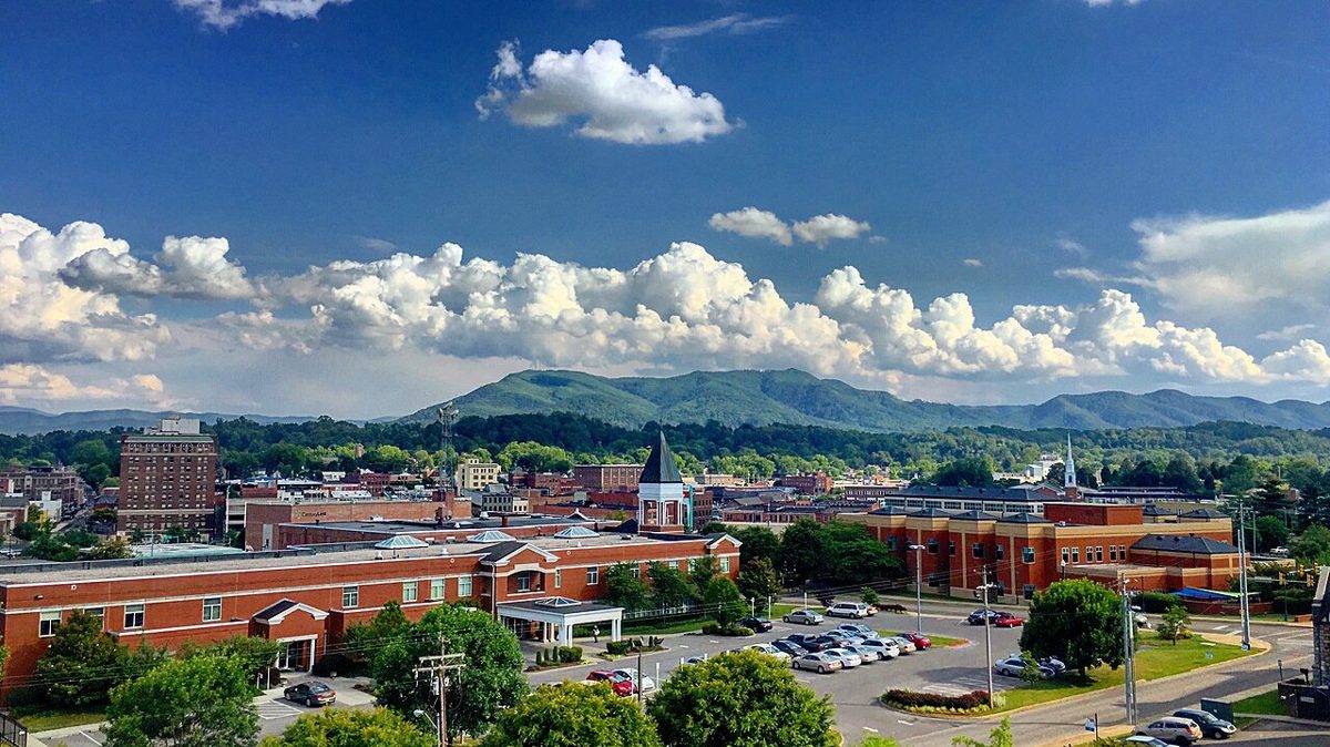Downtown Johnson City with Buffalo Mountain rising behind it.