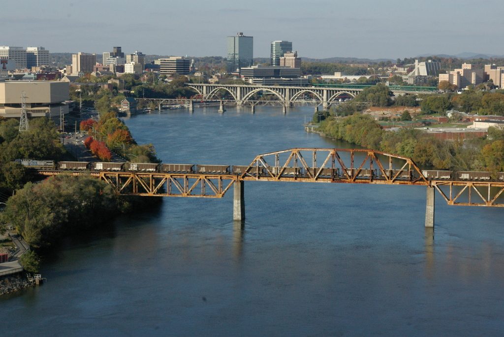Downtown Knoxville and its bridges along the Tennessee River, seen from the south bluffs.