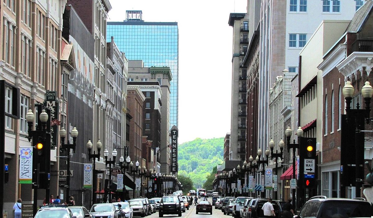 South Gay Street in downtown Knoxville, Tennessee, lined with contributing buildings of the Gay Street Commercial Historic District.