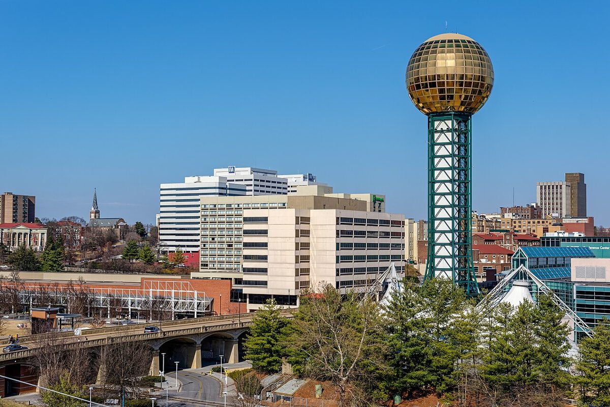The Sunsphere, built for the 1982 World's Fair, rising over downtown Knoxville, Tennessee.