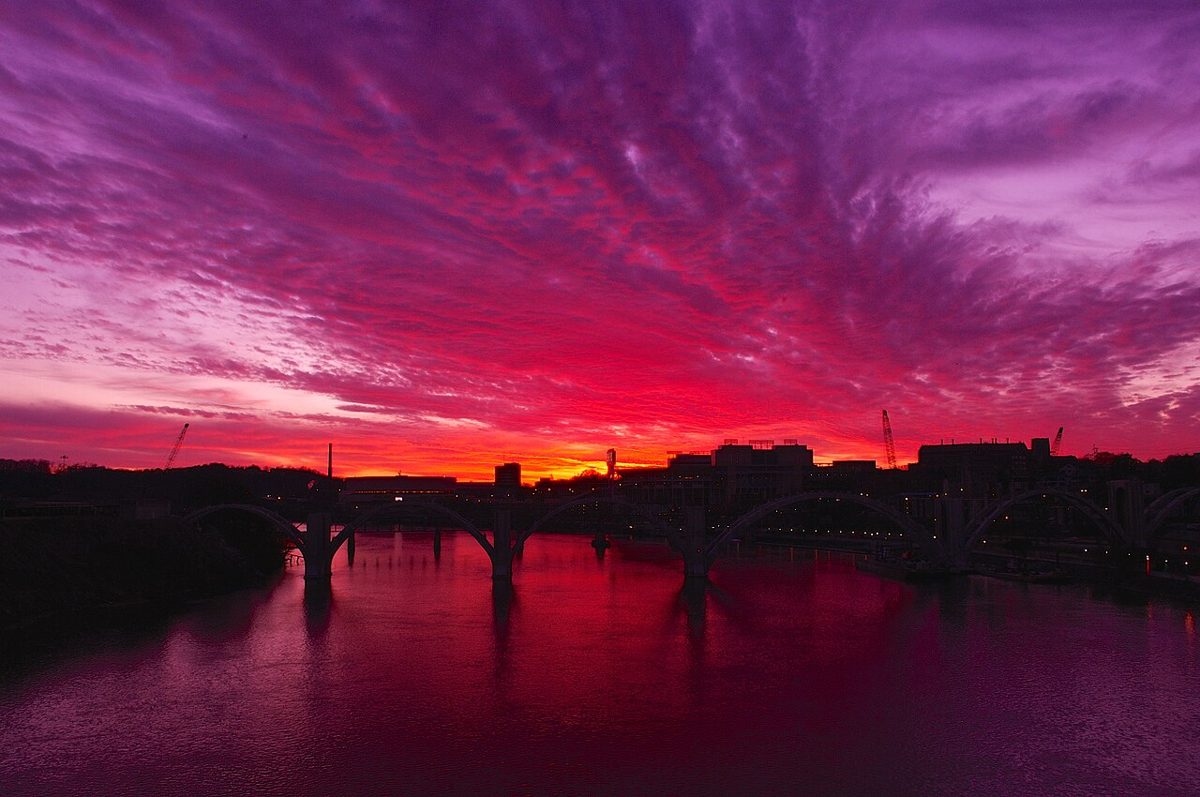 Sunset over the Tennessee River in Knoxville, viewed from the Gay Street Bridge.