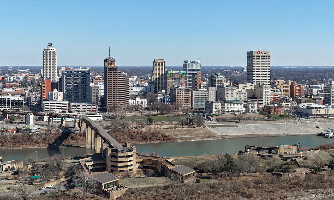 Downtown Memphis along the Mississippi River from the air.