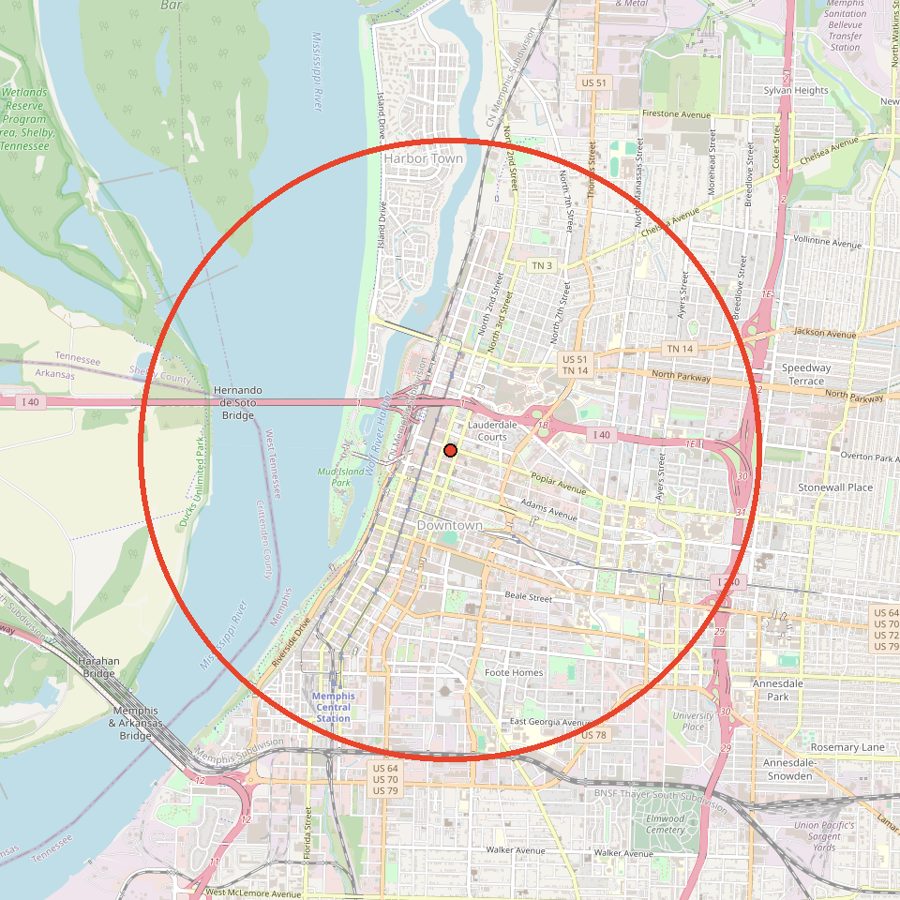 Map of the area used for the Memphis Street Map Framed Print