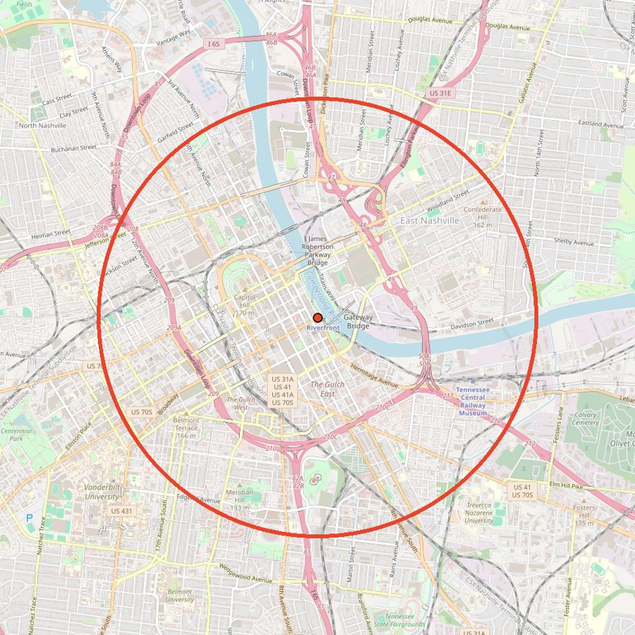 Map of the area used for the Nashville Street Map T-Shirt