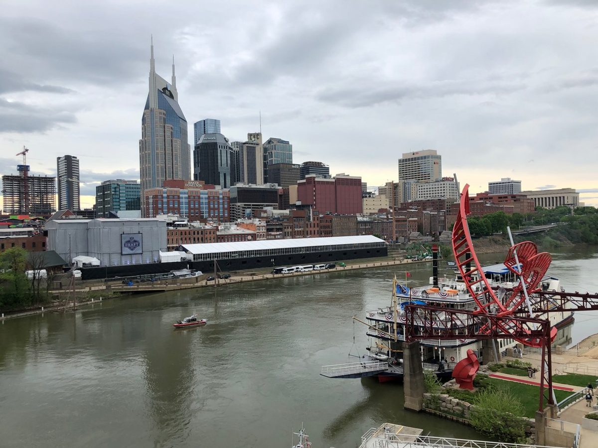 Downtown Nashville and the Cumberland River from the John Seigenthaler Pedestrian Bridge.
